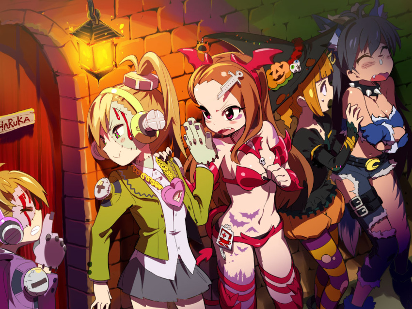 andou_chikanori animal_ears antenna_hair bare_shoulders belt black_hair blush breasts brown_hair choker cleavage closed_eyes costume crossed_arms futami_ami futami_mami ganaha_hibiki hair_ornament hairband halloween hand_on_shoulder hat idolmaster jewelry long_hair minase_iori multicolored_eyes multiple_girls navel necklace open_mouth pantyhose profile pumpkin purple_legwear red_eyes red_legwear short_hair sibling siblings side_ponytail skirt striped striped_legwear striped_pantyhose tail takatsuki_yayoi torn_clothes twins witch_hat yellow_legwear