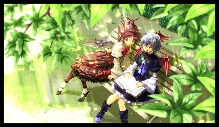 bench bespectacled book border dress glasses hat head_wings horns leaning_forward multicolored_hair multiple_girls mystia_lorelei nature outdoors pince-nez pink_hair reading shiba_itsuki short_hair sitting sunbeam sunlight tokiko_(touhou) touhou two-tone_hair winged_shoes wings