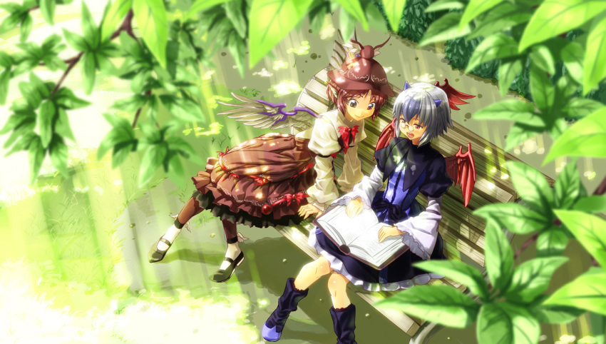bad_id bench bespectacled book dress glasses hat head_wings horns leaning_forward multicolored_hair multiple_girls mystia_lorelei nature outdoors pince-nez pink_hair reading shiba_itsuki short_hair sitting spectacles tokiko_(touhou) touhou two-tone_hair winged_shoes wings