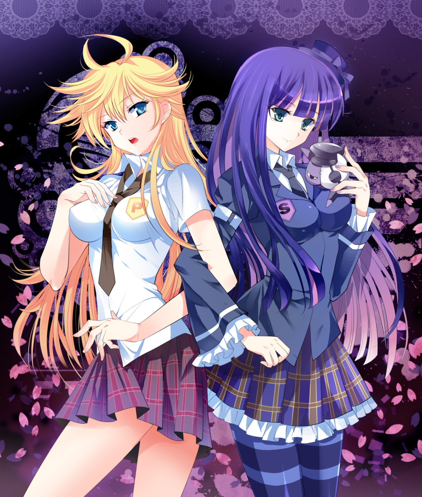 bad_id blonde_hair blue_eyes highres long_hair multicolored_hair multiple_girls panty_&amp;_stocking_with_garterbelt panty_(psg) pico_(picollector79) stocking_(psg) striped striped_legwear striped_thighhighs thigh-highs thighhighs two-tone_hair