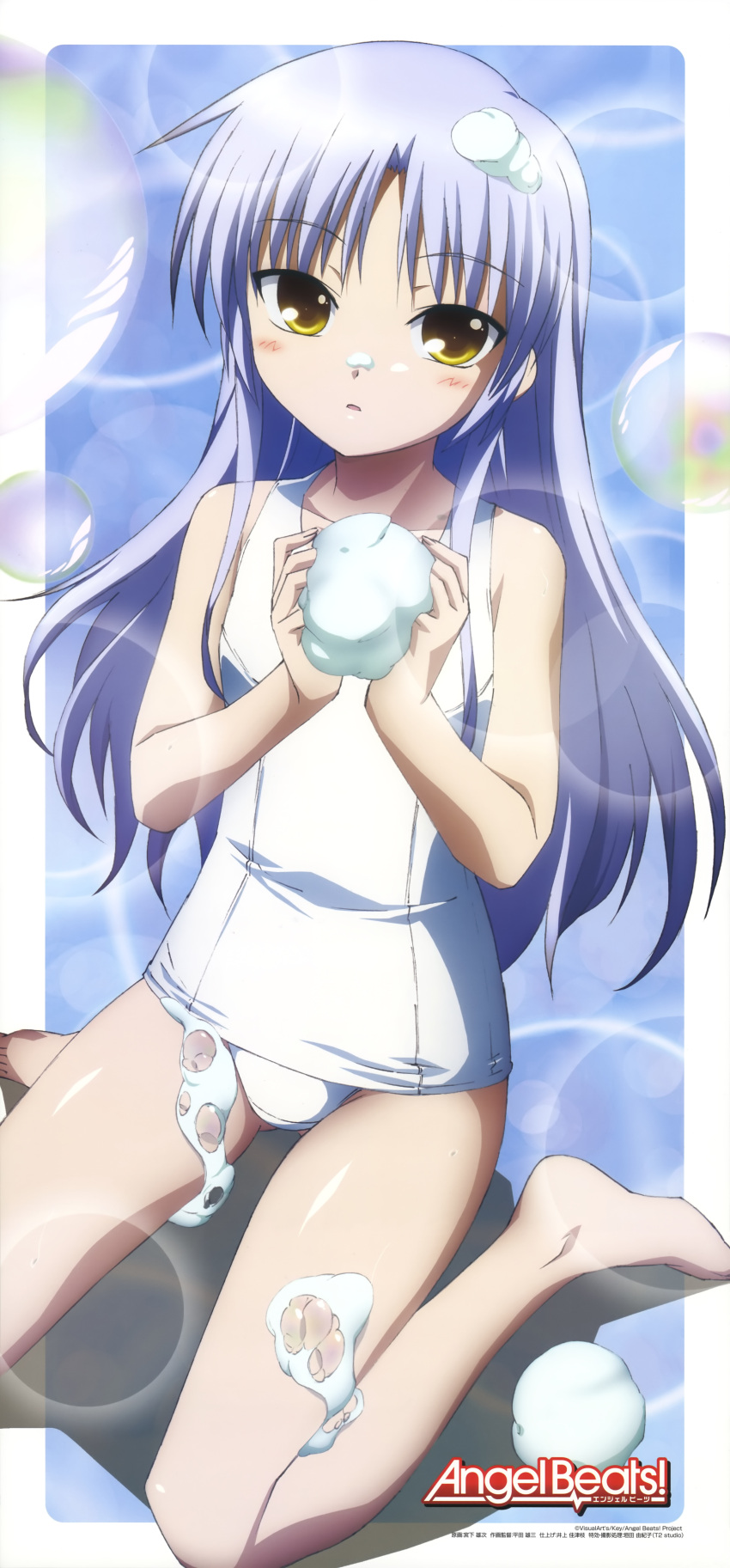 angel_beats! bubble highres kneeling long_hair long_image miyashita_yuuji official_art one-piece_swimsuit school_swimsuit silver_hair solo stick_poster suds swimsuit tall_image tachibana_kanade white_school_swimsuit yellow_eyes