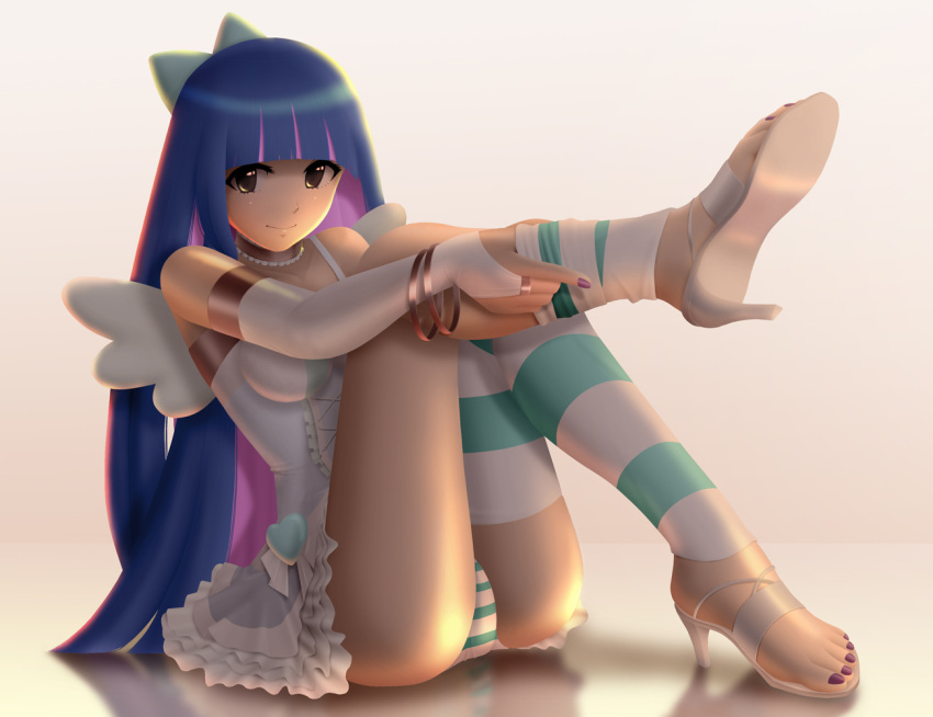 blue_hair bow bracelet bridal_gauntlets brown_eyes hair_bow high_heels jewelry long_hair multicolored_hair nail_polish necklace panties panty_&amp;_stocking_with_garterbelt pantyshot pink_hair sandals shoes siraha smile solo stocking_(psg) striped striped_legwear striped_panties striped_thighhighs thighhighs thighhighs_pull underwear undressing wings