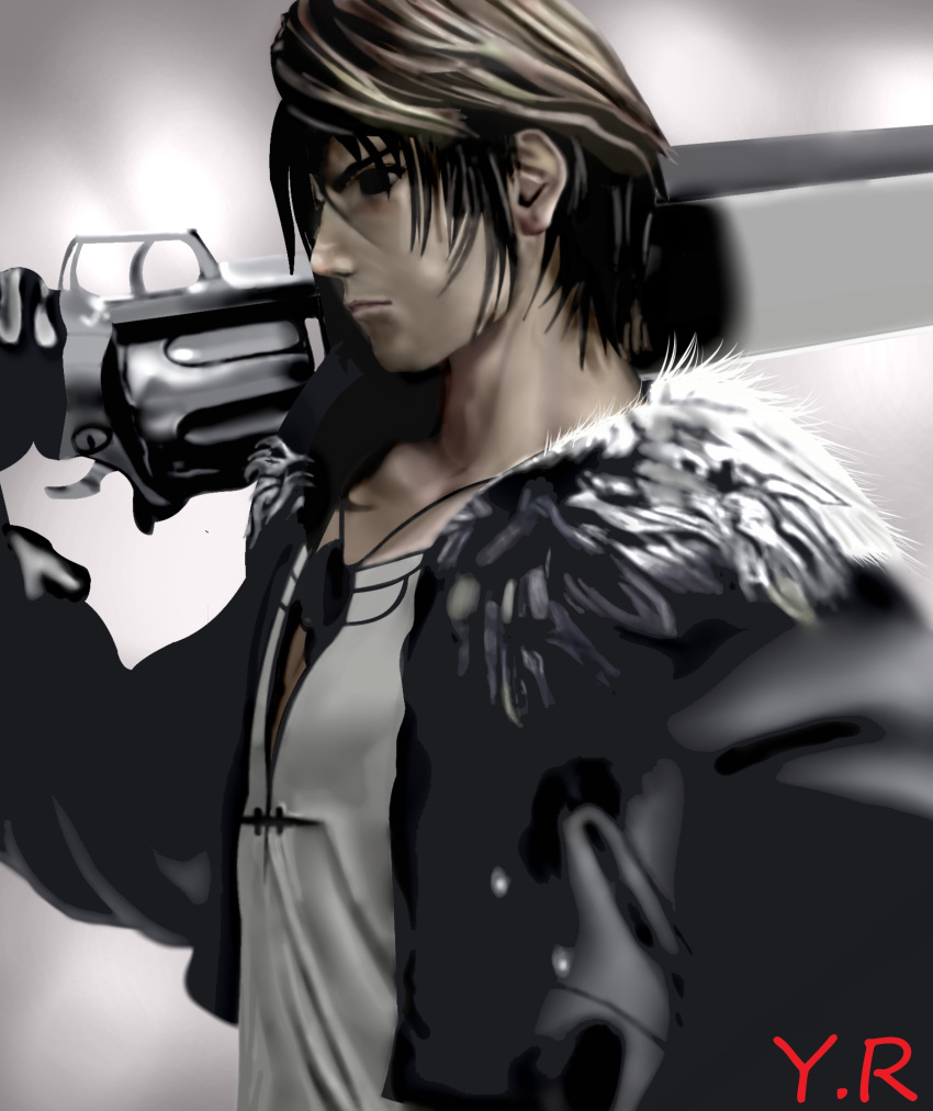 brown_hair dissidia_final_fantasy earrings final_fantasy final_fantasy_viii gloves gunblade jacket jewelry male necklace short_hair solo squall_leonhart weapon