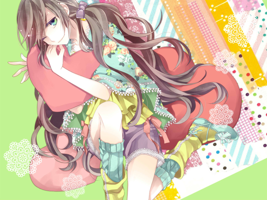 black_hair boots character_request frills gradient_eyes heart highres hug long_hair macco multicolored_eyes pillow poncho ponytail shorts sitting smile twintails very_long_hair wavy_hair wink