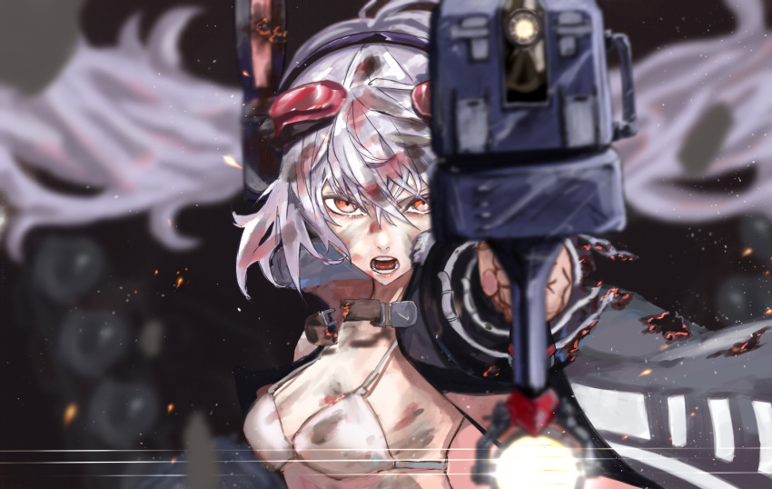 1girl azur_lane bangs breasts gun hair_between_eyes hair_ornament hairband holding holding_gun holding_weapon kdm_(ke_dama) laffey_(azur_lane) long_hair looking_at_viewer open_mouth red_eyes silver_hair solo twintails very_long_hair weapon