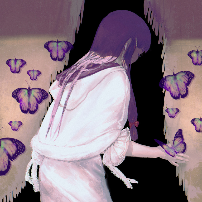 1girl bangs black_background blunt_bangs bug butterfly capelet curtains highres hood hooded_capelet long_hair looking_down low_tied_hair no_lineart patchouli_knowledge purple_hair sidelocks sly930105 solo standing touhou upper_body very_long_hair violet_eyes