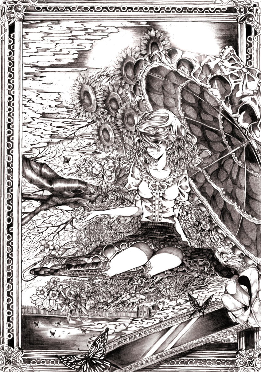 butterfly cross-laced_footwear elly flower frame gate hair_over_one_eye highres kazami_yuuka lace-up_boots melonpan_(artist) monochrome nature parasol plaid plaid_skirt short_hair sitting skirt smile solo sunflower touhou touhou_(pc-98) traditional_media tree_branch umbrella