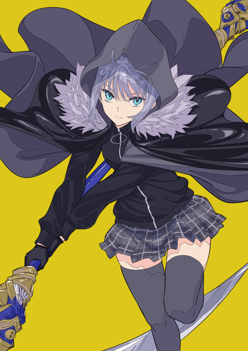 1girl absurdres add_(fate) bangs black_cloak black_gloves black_jacket black_legwear blue_eyes cloak closed_mouth eyebrows_behind_hair fate_(series) feet_out_of_frame frown fur_trim gloves gray_(fate) grey_hair grey_skirt highres holding holding_scythe holding_weapon hood hood_up hooded_cloak jacket long_sleeves looking_at_viewer lord_el-melloi_ii_case_files miniskirt plaid plaid_miniskirt plaid_skirt pleated_miniskirt pleated_skirt running scythe short_hair simple_background skirt solo thigh-highs upturned_eyes weapon xtango yellow_background zettai_ryouiki
