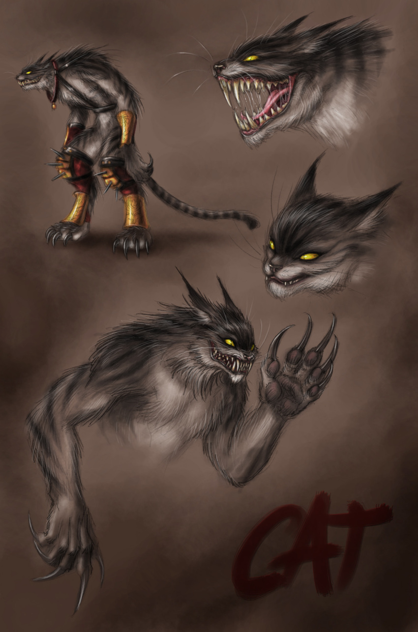 alice_in_wonderland animal_ears armor cat cat_ears cheshire_cat claws collar evil evil_grin evil_smile fangs fur gauntlets grey_hair grin highres monster_girl muscle niki_hunter paws roaring saliva smile snarl spikes tail teeth tongue waving werecat whiskers yellow_eyes