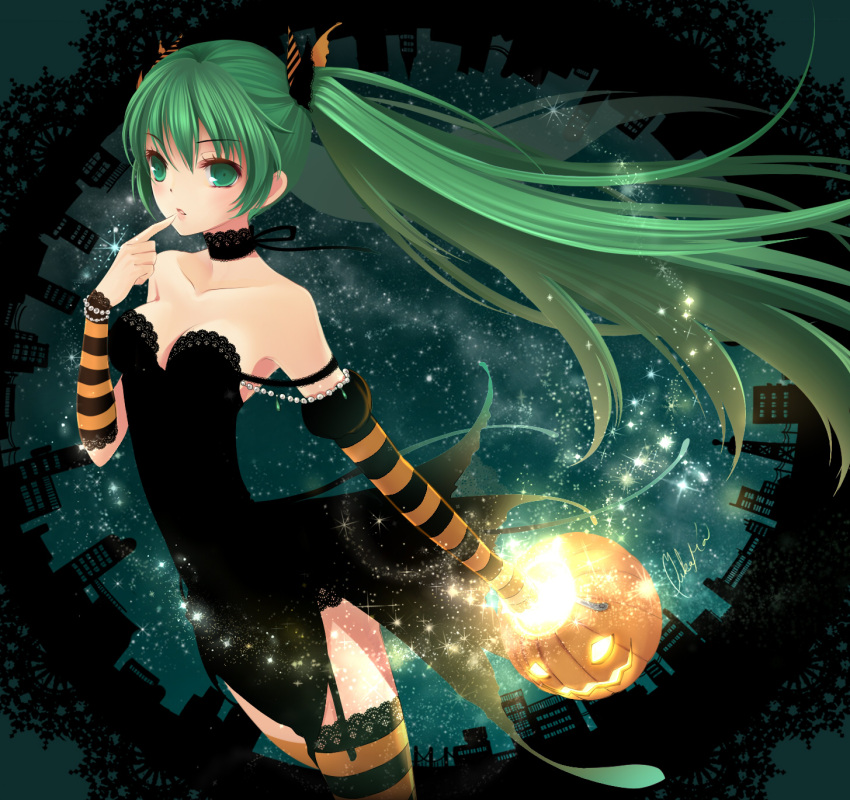 choker cityscape detached_sleeves garter_straps green_eyes green_hair halloween hatsune_miku highres jack-o'-lantern jack-o'-lantern jewelry lace lace-trimmed_thighhighs long_hair night ouka_mai pumpkin striped striped_legwear striped_thighhighs thigh-highs thighhighs twintails very_long_hair vocaloid