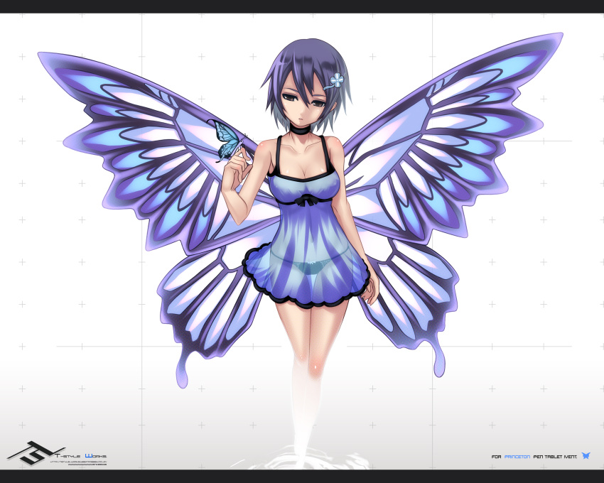 absurdres bare_legs bare_shoulders black_panties blue_dress blue_hair breasts brown_eyes butterfly butterfly_wings choker cleavage collarbone copyright_request dress hair_ornament highres original panties purple_hair see-through see_through short_hair simple_background solo strap t-track_(artist) underwear wings