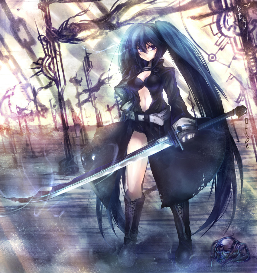 black_hair black_rock_shooter black_rock_shooter_(character) boots center_opening cross-laced_footwear highres long_hair mamuru open_clothes sword twintails very_long_hair weapon