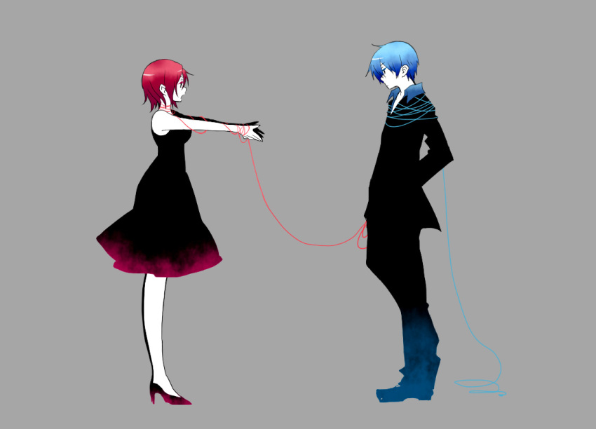 1girl blue blue_hair couple dress formal kaito meiko pink_hair profile red red_string short_hair simple_background suit sunny_spot tsuyuka_(sunny_spot) vocaloid