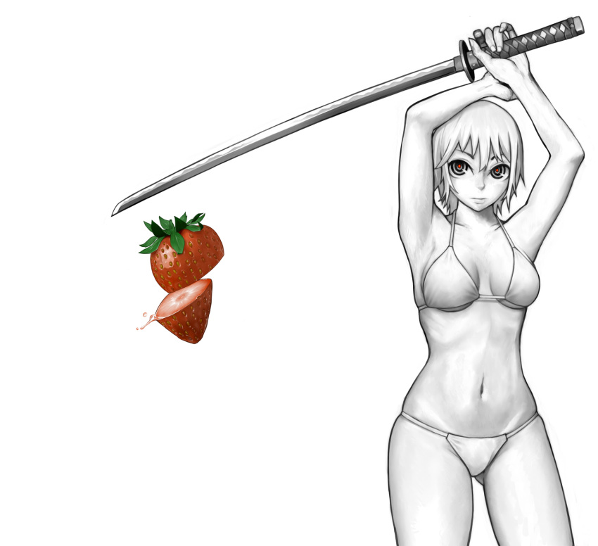 armpits arms_up bare_shoulders bikini breasts cleavage collarbone cutting food fruit hair_between_eyes highres hips holding holding_up lips looking_at_viewer metal_akira midriff monochrome mound_of_venus navel original payot red_eyes ribs serious short_hair sideboob simple_background solo spot_color standing strawberry swimsuit sword thighs underboob weapon white white_background white_bikini white_hair white_skin