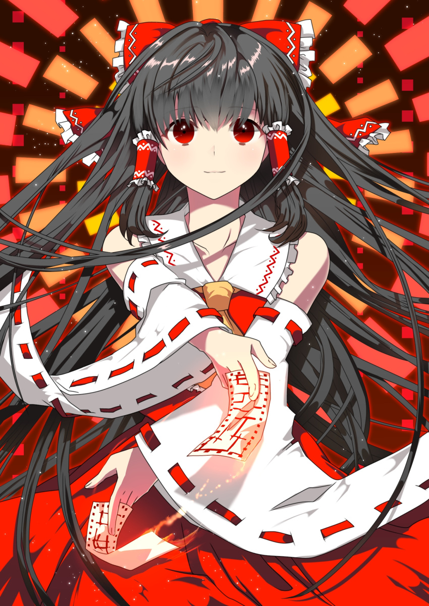 bad_id bare_shoulders black_hair bow bust chirosuke danmaku detached_sleeves fire foreshortening frills hair_bow hakurei_reimu hands highres large_bow light_smile long_hair ofuda red_eyes smile solo touhou very_long_hair x_arms