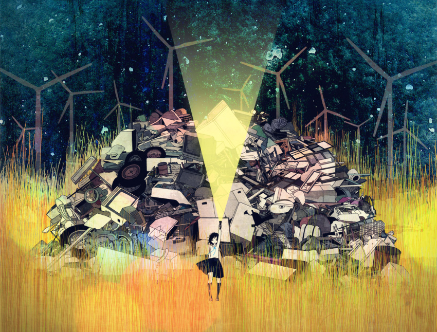 black_hair flashlight grass junk night original skirt solo super_normal television windmill