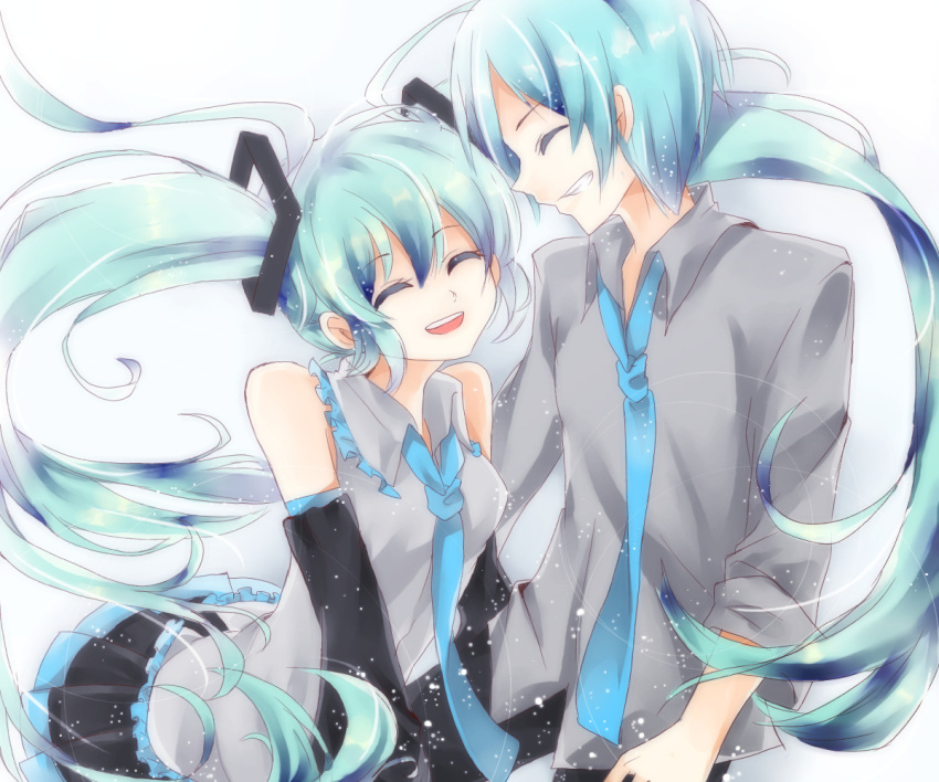 cosmos detached_sleeves genderswap hatsune_miku hatsune_mikuo long_hair necktie simple_background skirt smile twintails very_long_hair vocaloid