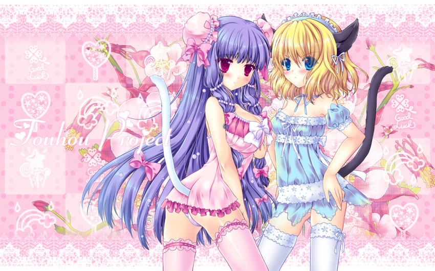 alice_margatroid animal_ears ass bangs blue_eyes blush bow breasts cat_ears cat_tail cleavage colored_eyelashes double_bun eyelashes flat_chest frown hair_bow hair_ribbon hairband hands_on_hips kemonomimi_mode lace lace-trimmed_thighhighs large_breasts lingerie long_hair multiple_girls patchouli_knowledge pearl_necklace purple_hair ratise red_eyes ribbon ribbon_choker short_hair tail thigh-highs thighhighs touhou underwear very_long_hair wallpaper zettai_ryouiki
