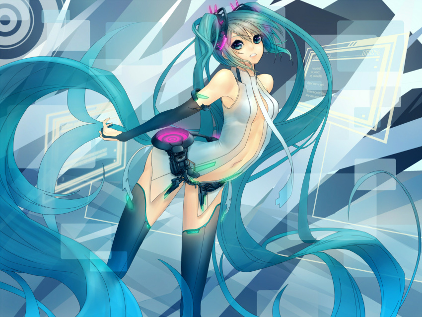 1girl aqua_eyes aqua_hair arched_back bad_id bridal_gauntlets center_opening ciev hatsune_miku hatsune_miku_(append) highres long_hair miku_append navel necktie solo thighhighs twintails very_long_hair vocaloid vocaloid_append
