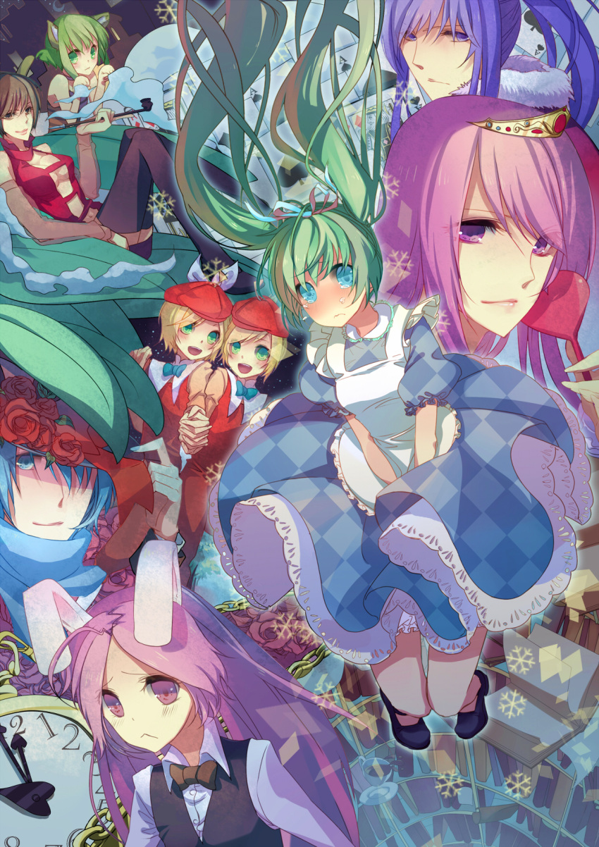 alice_(wonderland) alice_(wonderland)_(cosplay) alice_in_wonderland animal_ears bad_id book bowtie bunny_ears card cards cat_ears cheshire_cat cheshire_cat_(cosplay) clock cosplay crown dress floating_card gumi hat hatsune_miku highres kagamine_len kagamine_rin kaito kamui_gakupo mad_hatter mad_hatter_(cosplay) megurine_luka meiko nicohi pipe queen_of_hearts queen_of_hearts_(cosplay) rabbit_ears sf-a2_miki tears thigh-highs thighhighs tweedledee tweedledee_(cosplay) tweedledum tweedledum_(cosplay) twintails vocaloid white_rabbit white_rabbit_(cosplay)