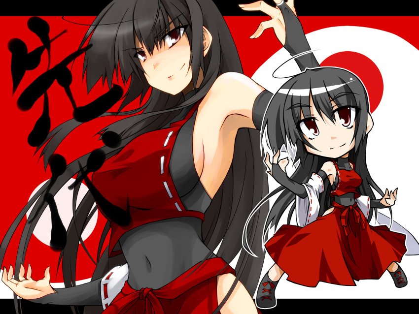 bare_shoulders black_hair breasts chibi detached_sleeves hemogurobin_a1c highres japanese_clothes large_breasts long_hair m.u.g.e.n original sendai_hakurei_no_miko smile touhou