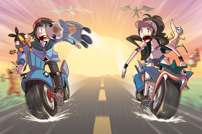 bare_shoulders baseball_cap blue_eyes boots brown_eyes brown_hair denim denim_shorts doomdesireking gyarados gyarados_(cameo) hat high_ponytail jacket long_hair male meme monocle motion_blur motor_vehicle motorcycle mudkip mudkip_(cameo) open_mouth oshawott pants parody pokemon pokemon_(game) pokemon_bw ponytail reshiram reshiram_(cameo) road shoes short_hair sign sky snivy sudowoodo sudowoodo_(cameo) surprise tepig themed_object throw touko_(pokemon) touya_(pokemon) vehicle vest wristband yuu-gi-ou_5d's yuu-gi-ou_5d's zekrom zekrom_(cameo)