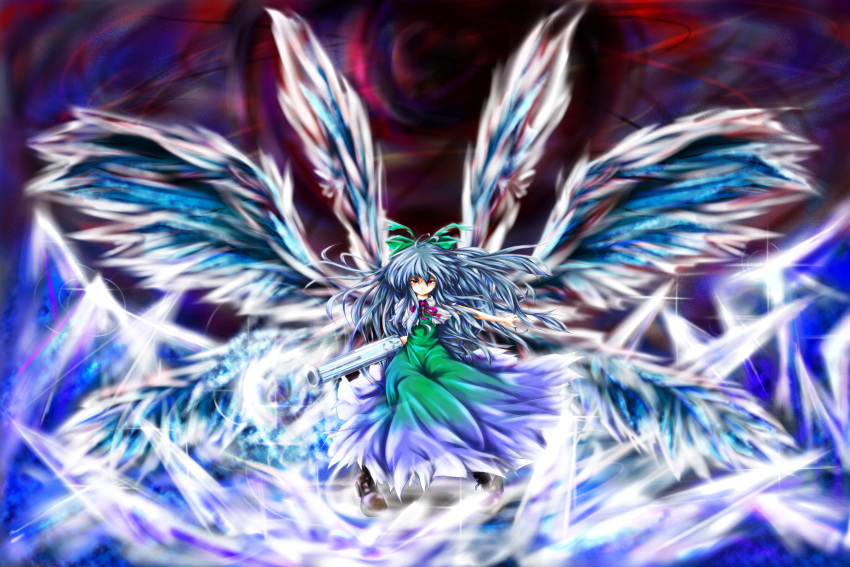 arm_cannon blue_hair bow capelet cirno dress fusion hair_bow highres ice if_they_mated long_hair outstretched_arm pr0vidence red_eyes reiuji_utsuho ribbon solo touhou very_long_hair weapon wings