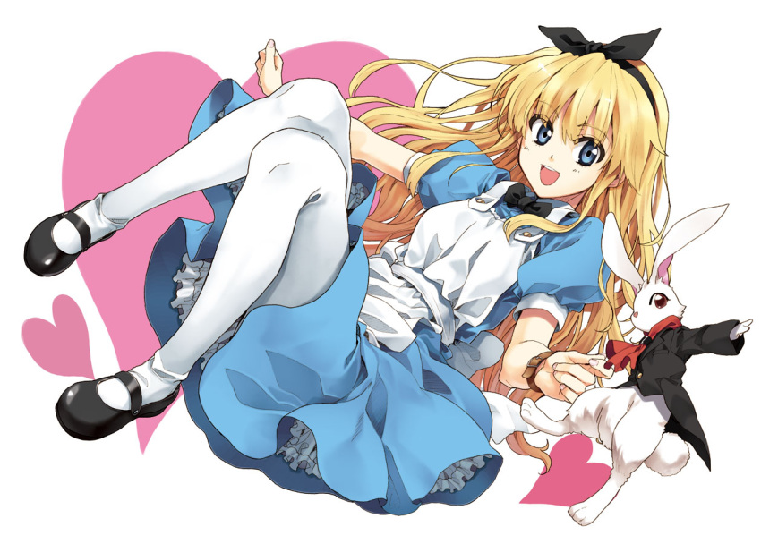 alice_(wonderland) alice_in_wonderland apron blonde_hair blue_eyes bowtie hairband knees_touching mary_janes open_mouth pantyhose runa shoes smile white_legwear white_pantyhose white_rabbit