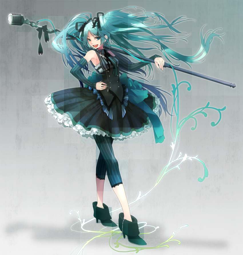 ankle_boots aqua_eyes aqua_hair detached_sleeves dress hair_ribbon hatsune_miku highres leggings long_hair microphone microphone_stand plastick ribbon shoes smile solo twintails very_long_hair vocaloid
