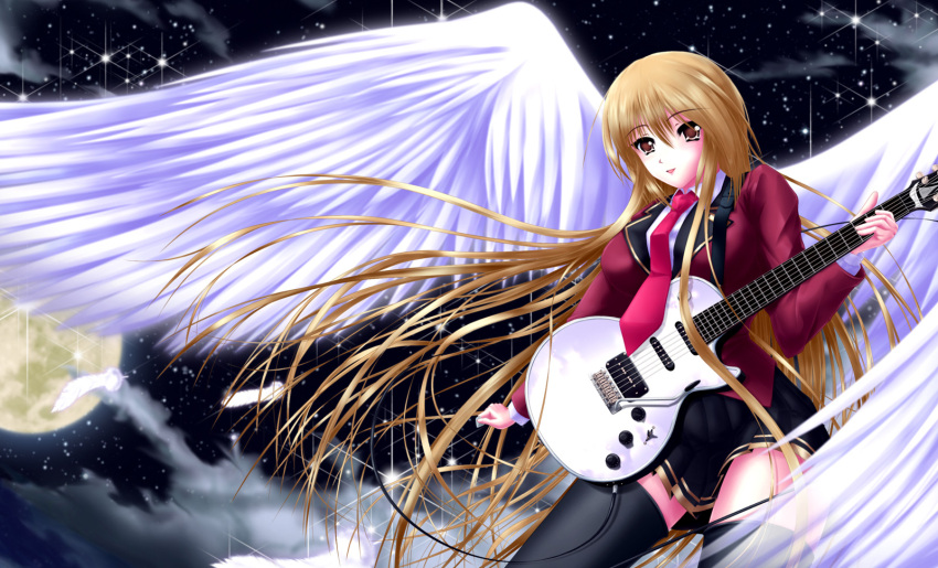 black_thighhighs blonde_hair breasts brown_eyes clouds electric_guitar feathers full_moon guitar instrument large_breasts long_hair moon necktie nohoho_(kakikonchi) original pleated_skirt skirt solo star thigh-highs very_long_hair wings zettai_ryouiki