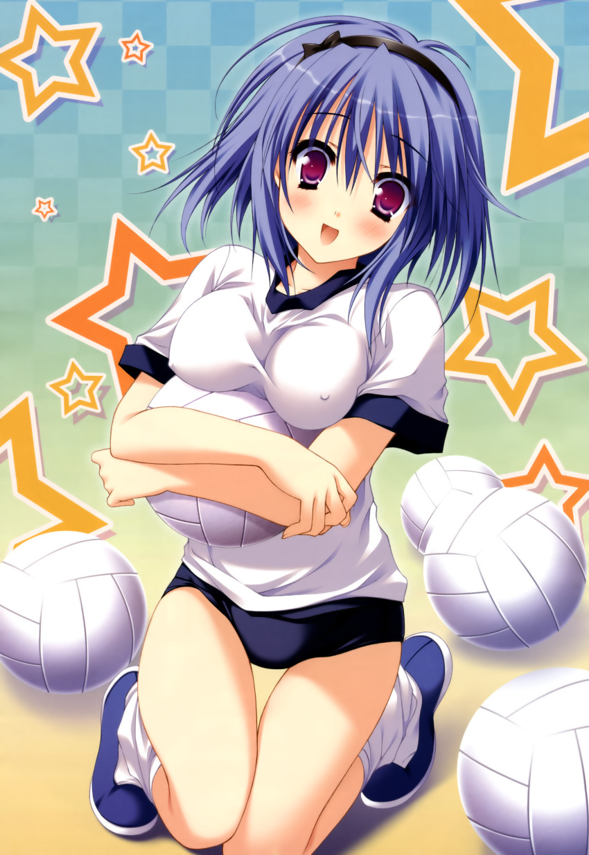 ball blue_hair buruma erect_nipples gym_uniform hairband hello_good-bye highres moekibara_fumitake open_mouth saotome_suguri short_hair solo thigh_gap volleyball