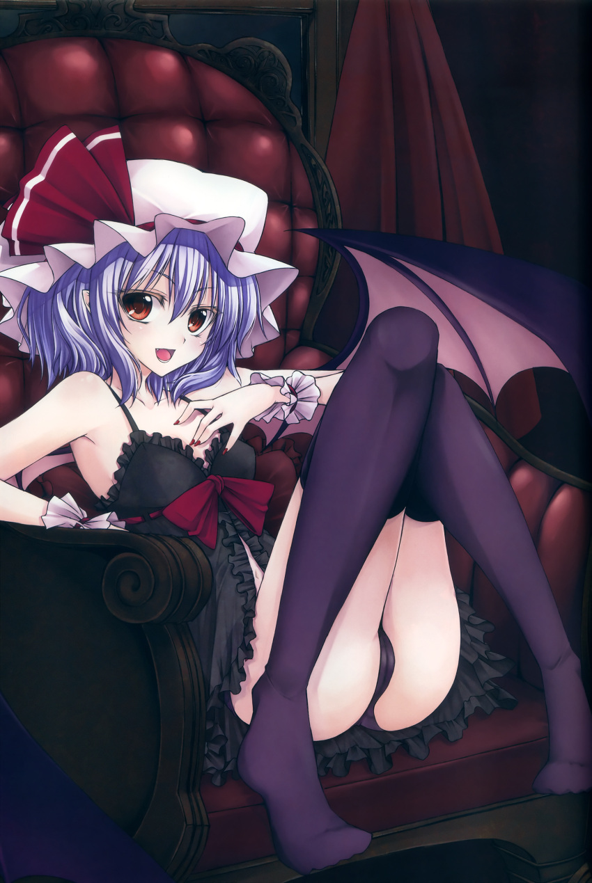 armchair babydoll bare_shoulders bat_wings black_legwear black_panties black_thighhighs chair colored_eyelashes eyelashes fangs flat_chest hand_on_own_chest hat highres lavender_hair looking_at_viewer nail_polish navel open_mouth panties pointy_ears red_eyes remilia_scarlet short_hair sitting smile solo thigh-highs thighhighs touhou underwear utakata_(0824) wings wrist_cuffs