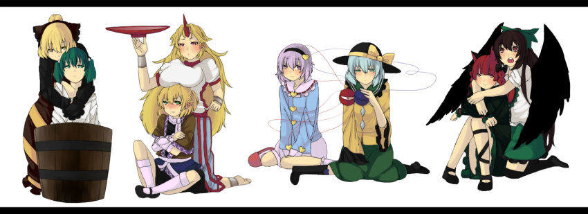 blonde_hair blouse blush bow braid breast_rest breasts bucket cat_ears cuffs green_eyes green_hair hair_bow hairband hat horn hoshiguma_yuugi kaenbyou_rin kisume komeiji_koishi komeiji_satori kurodani_yamame long_hair mizuhashi_parsee multiple_girls pointy_ears red_hair reiuji_utsuho ribbon sakazuki scarf slippers subterranean_animism touhou tyaka wings