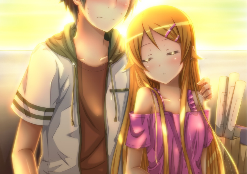 bad_id bare_shoulders brother_and_sister closed_eyes hair_ornament hairclip kousaka_kirino kousaka_kyousuke long_hair nervous orange_hair ore_no_imouto_ga_konna_ni_kawaii_wake_ga_nai siblings sunset swordsouls