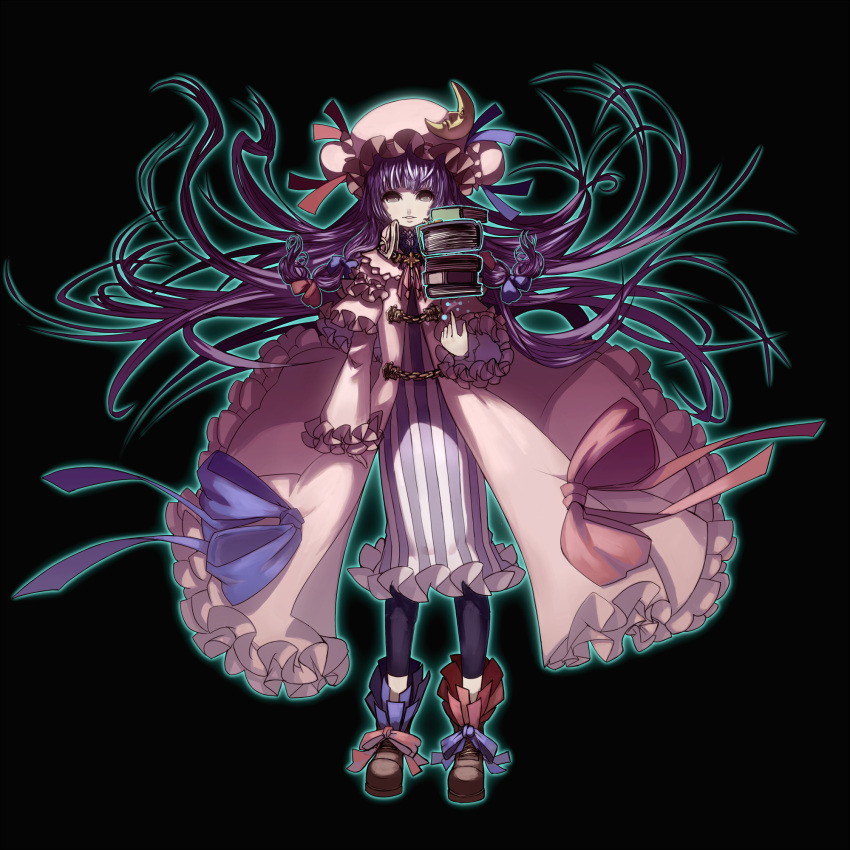 book chain crescent crescent_moon embellished_costume floating_object glowing hat highres kansou_samehada kei_t_sr long_hair patchouli_knowledge purple_eyes purple_hair simple_background solo touhou violet_eyes