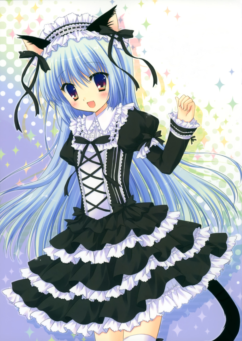 animal_ears blue_hair cat_ears dress hasekura_chiaki headdress highres long_hair long_sleeves open_mouth skirt solo tail