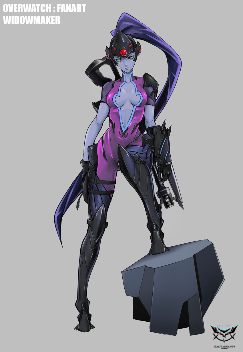 1girl amelie_lacroix bodysuit boots breasts character_name cleavage copyright_name garayann gloves grey_skin gun highres knee_boots leg_up long_hair looking_at_viewer overwatch ponytail purple_hair simple_background solo very_long_hair weapon widowmaker_(overwatch) yellow_eyes