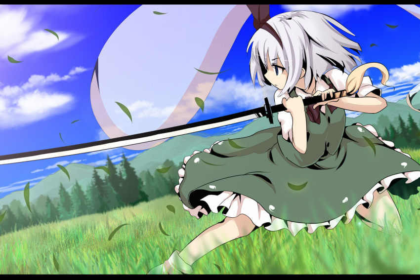 bob_cut bow cloud dress dutch_angle fighting_stance ghost grass hair_ribbon hairband katanakko_daisuki katanako_daisuki konpaku_youmu konpaku_youmu_(ghost) letterboxed meadow mountain myon nature outdoors outside ribbon short_hair silver_hair sky socks solo sword touhou tree vest wallpaper weapon