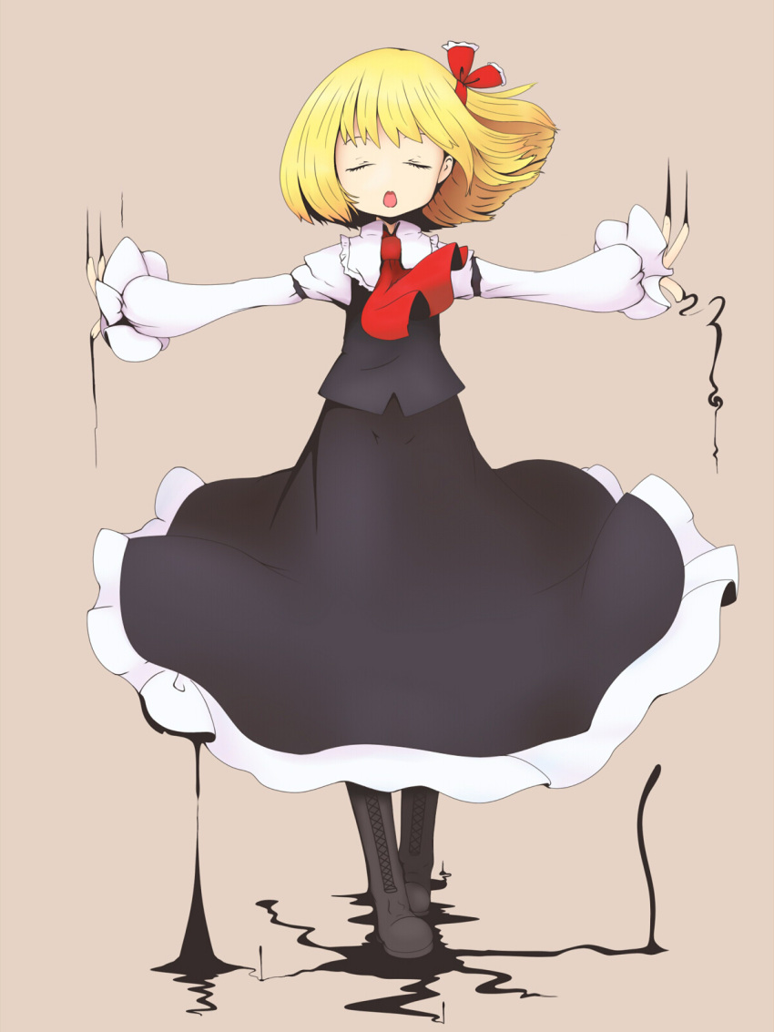 ascot boots closed_eyes cross-laced_footwear darkness hair_ribbon highres lace-up_boots musashino_udon open_mouth outstretched_arms ribbon rumia solo spread_arms touhou