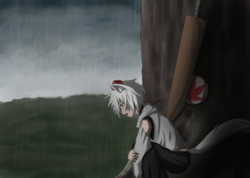 1girl animal_ears cloudy_sky detached_sleeves forest hat highres houtinti inubashiri_momiji looking_down nature open_mouth outdoors profile rain red_eyes sheath sheathed shield short_hair skirt solo squatting sword tail tokin_hat touhou weapon white_hair wolf_ears wolf_tail