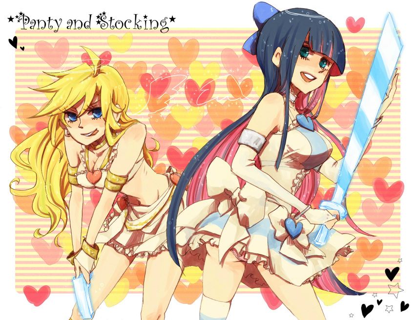 8michu :p bad_id blonde_hair bridal_gauntlets fingerless_gloves gloves gun heart highres legs multicolored_hair multiple_girls panty_&amp;_stocking_with_garterbelt panty_(character) panty_(psg) smile stocking_(character) stocking_(psg) sword tongue two-tone_hair weapon