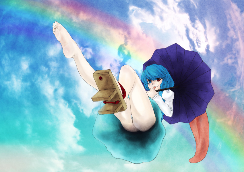 ass barefoot blue_eyes blue_hair geta heterochromia highres karakasa karakasa_obake kou_(pixiv78108) no_socks rainbow red_eyes short_hair single_shoe soles solo tatara_kogasa tongue touhou umbrella