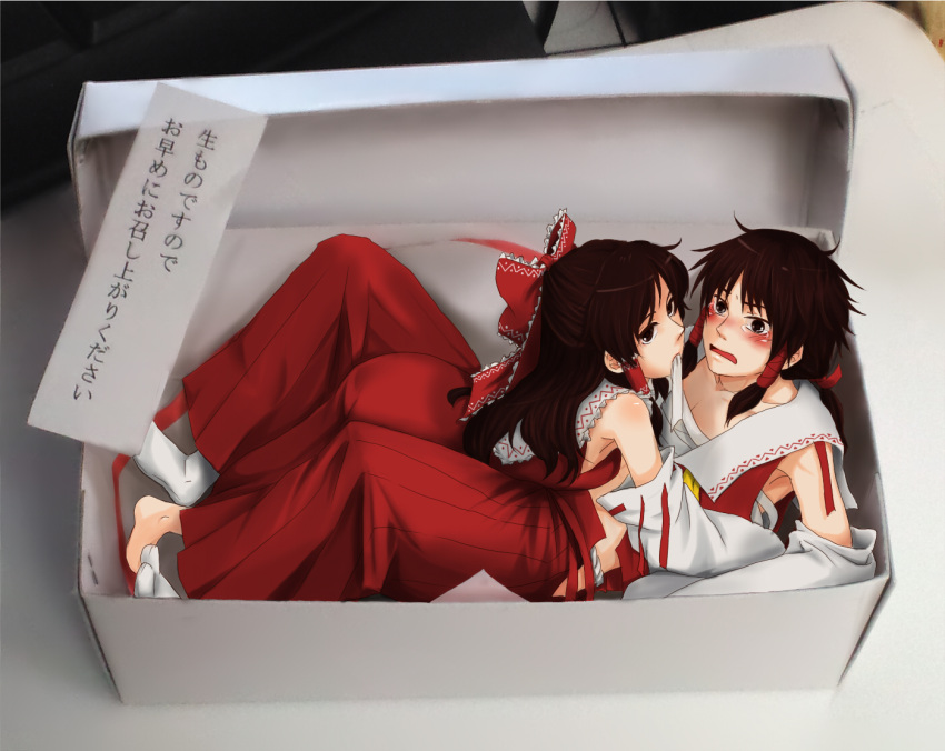 ameya_nihachi blush bow box brown_eyes brown_hair detached_sleeves dual_persona genderswap hair_bow hakurei_reimu in_box in_container long_hair open_mouth sarashi selfcest tears touhou translated