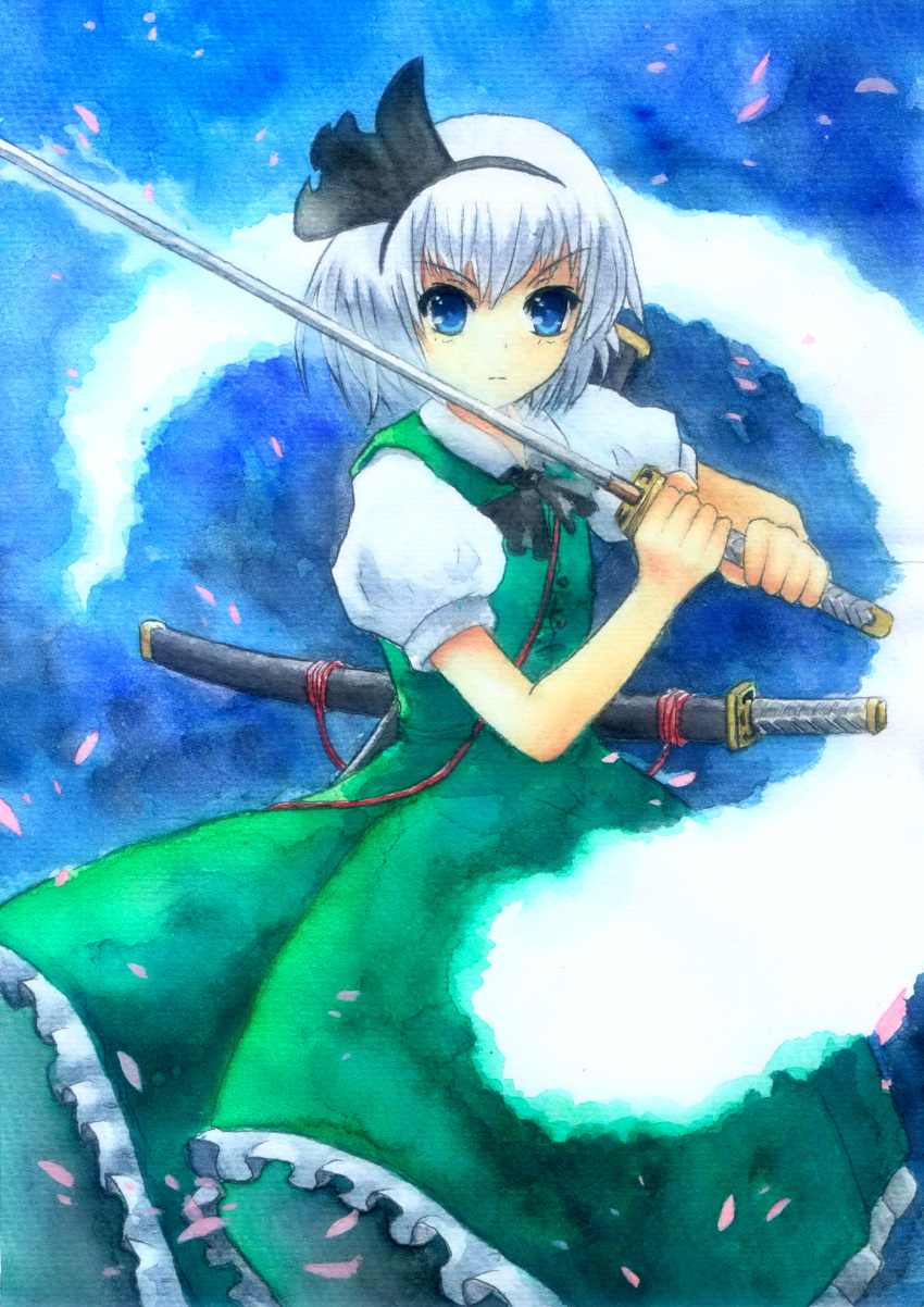 blue blue_eyes dress fighting_stance ghost hairband highres katana konpaku_youmu konpaku_youmu_(ghost) myon petals serious short_hair short_sleeves silver_hair solo sword sxbzero touhou traditional_media weapon