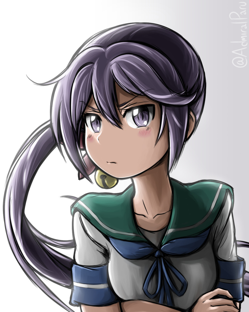 1girl admiral_paru akebono_(kantai_collection) bell crossed_arms flower gradient gradient_background green_sailor_collar grey_background hair_bell hair_flower hair_ornament highres jingle_bell kantai_collection long_hair looking_at_viewer purple_hair sailor_collar school_uniform serafuku short_sleeves side_ponytail solo twitter_username upper_body v-shaped_eyebrows very_long_hair violet_eyes