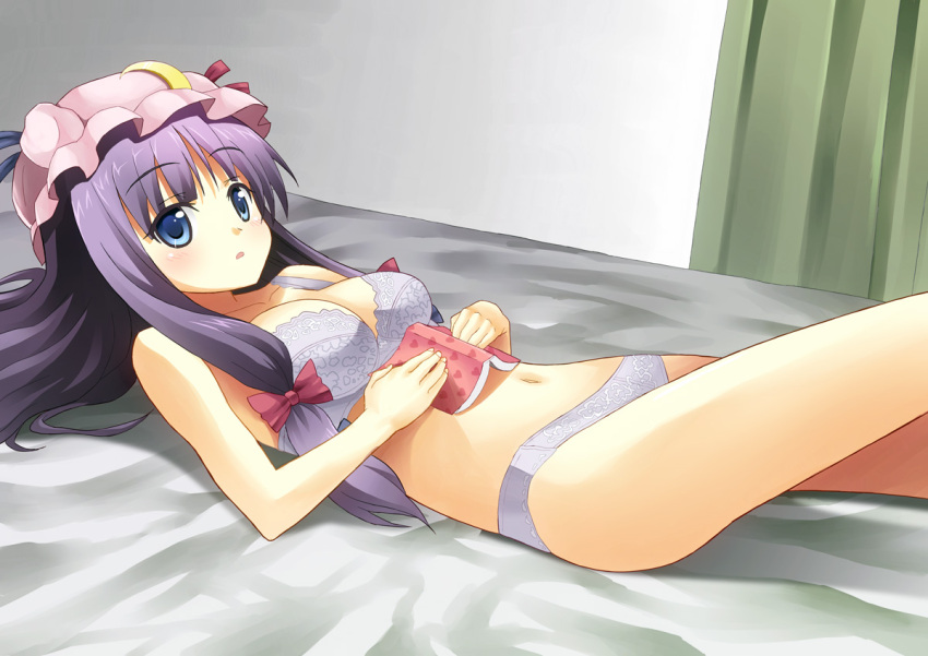 blue_eyes book bra breasts cleavage crescent crescent_moon hat heart lingerie long_hair lying navel on_back panties patchouli_knowledge purple_eyes purple_hair rasahan solo touhou underwear underwear_only violet_eyes