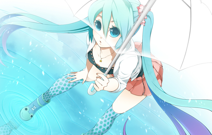aqua_eyes aqua_hair bent_over boots down_blouse hatsune_miku highres jewelry kneehighs leaning_forward long_hair necklace polka_dot polka_dot_legwear puddle rkp rubber_boots solo transparent twintails umbrella very_long_hair vocaloid