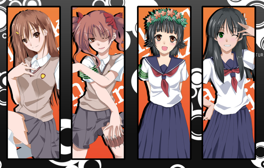 adult alternate_hairstyle black_hair brown_eyes brown_hair flower green_eyes hair_flower hair_ornament highres long_hair misaka_mikoto multiple_girls nails saten_ruiko school_uniform serafuku shirai_kuroko short_hair sougetsu_izuki sweater_vest to_aru_kagaku_no_railgun to_aru_majutsu_no_index twintails uiharu_kazari wink