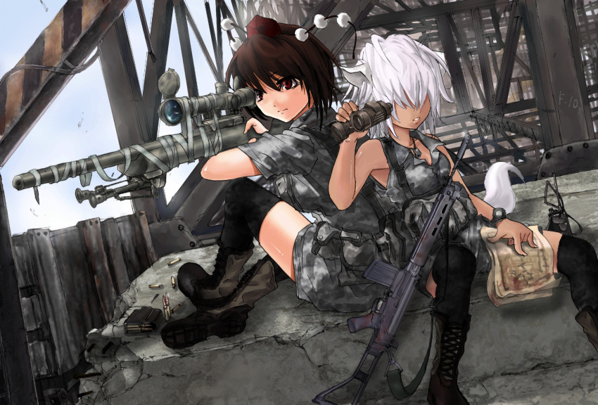 animal_ears assault_rifle bandages battle_rifle binoculars black_legwear black_thighhighs boots bullet camouflage commentary fn_fal gun highres inubashiri_momiji m24 multiple_girls remington_700 rifle shameimaru_aya sniper sniper_rifle sniper_team tail terabyte_(rook777) thigh-highs thighhighs touhou weapon wolf_ears wolf_tail