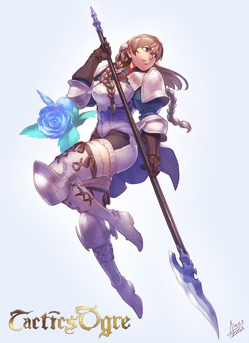 azusa blue_eyes blue_rose boots braid brown_hair flower glaive gloves highres legs long_legs purple_eyes ravness_loxaerion rose solo tactics_ogre thick_thighs thigh-highs thigh_boots thighhighs thighs twin_braids violet_eyes weapon